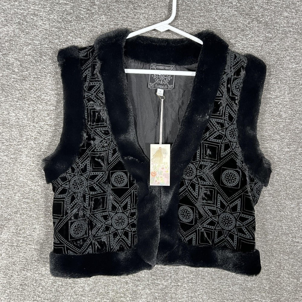 Johnny Was Vest Womens Medium Black Silk Blend Velvet Fur Trim Morningside Boho